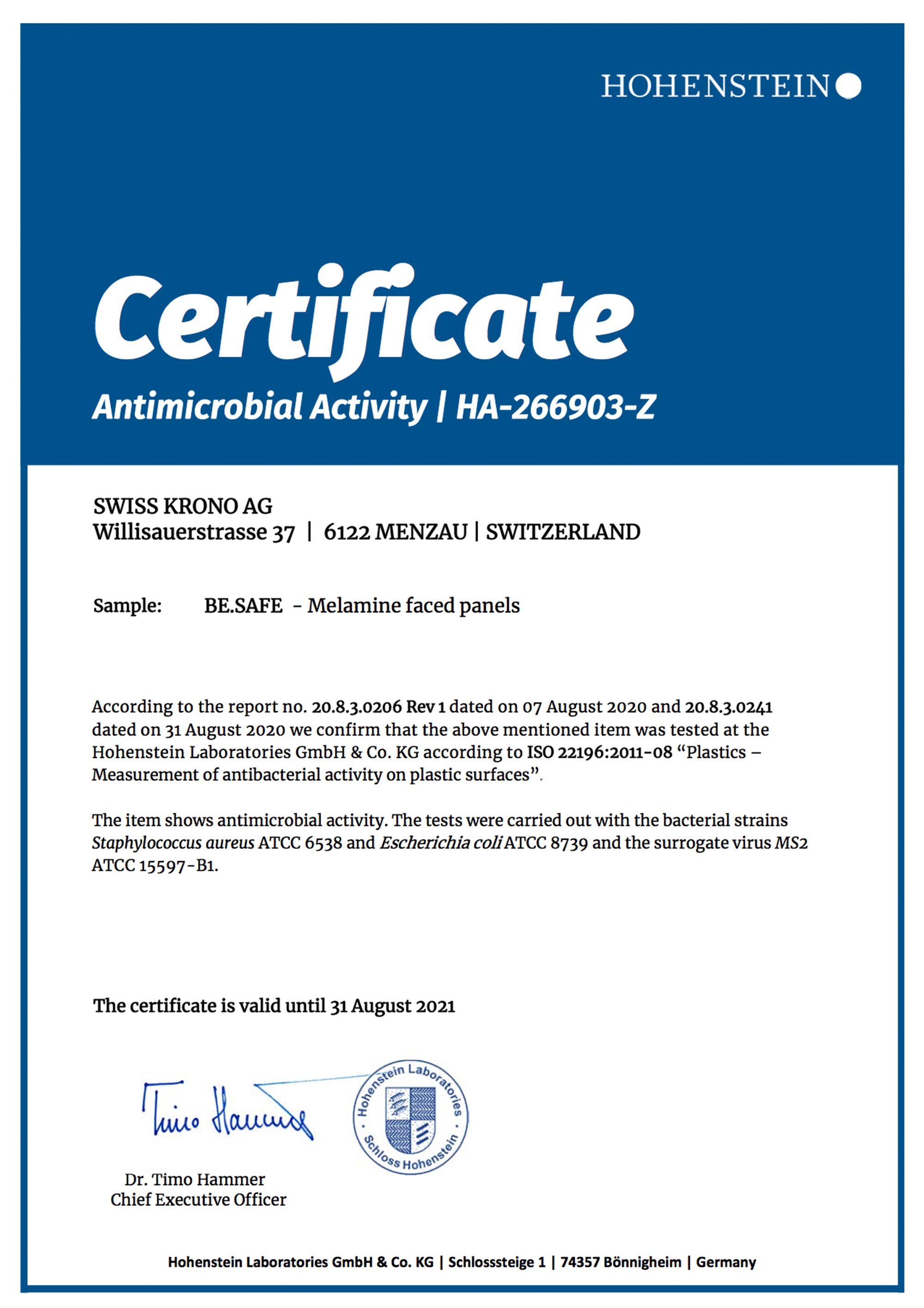 ANTI-VIRAL CERTIFICATE